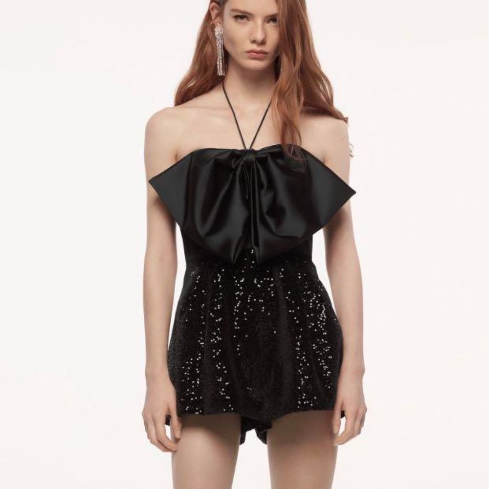 *NWT* ZARA BOW SEQUIN VELVET PLAYSUIT ROMPER BLACK S